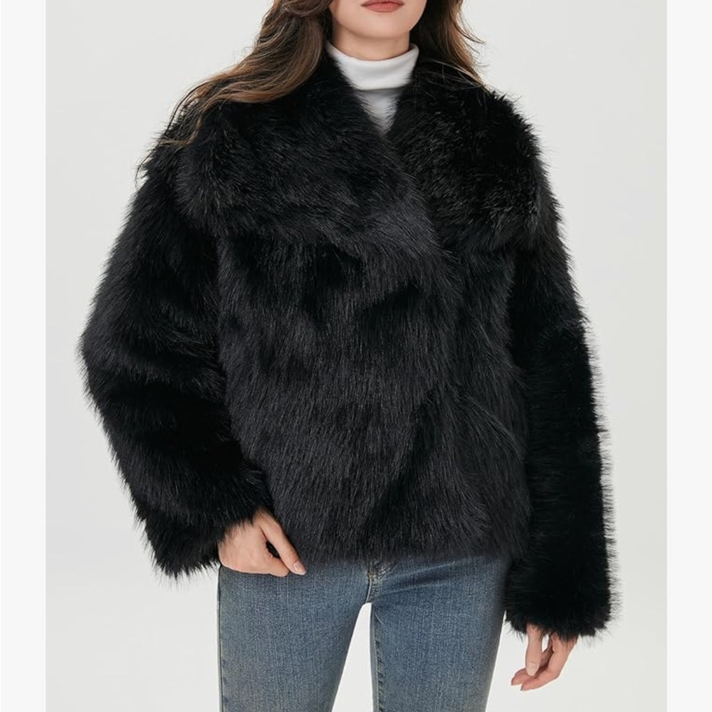 Elegant Black Faux Fur Coat women collared jacket - Picture 3 of 7